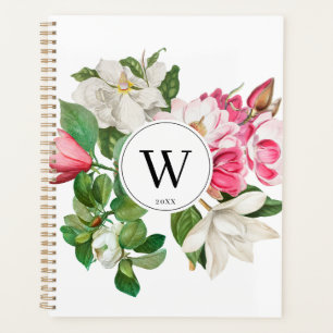Vintage White & Pink Magnolia Flowers Monogram Planner