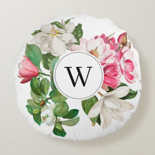 Vintage White  Pink Magnolia Flowers Monogram Round Pillow