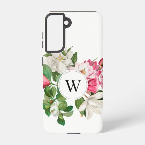 Vintage White  Pink Magnolia Flowers Monogram Samsung Galaxy S21 Case