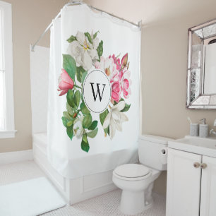 Vintage White & Pink Magnolia Flowers Monogram Shower Curtain