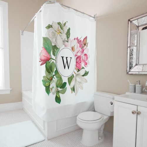 Vintage White  Pink Magnolia Flowers Monogram Shower Curtain