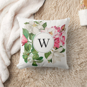 Vintage White & Pink Magnolia Flowers Monogram Throw Pillow