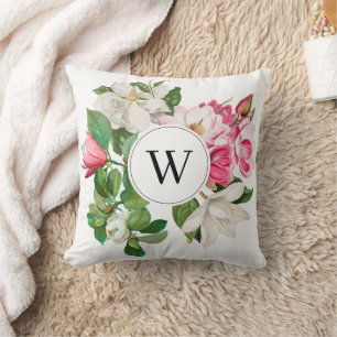 Vintage White & Pink Magnolia Flowers Monogram Throw Pillow