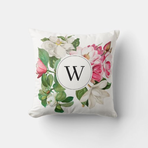 Vintage White  Pink Magnolia Flowers Monogram Throw Pillow