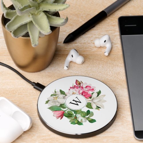 Vintage White  Pink Magnolia Flowers Monogram Wireless Charger