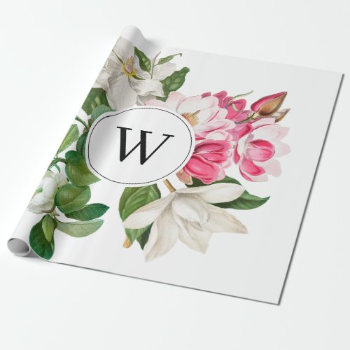 Vintage White  Pink Magnolia Flowers Monogram Wrapping Paper