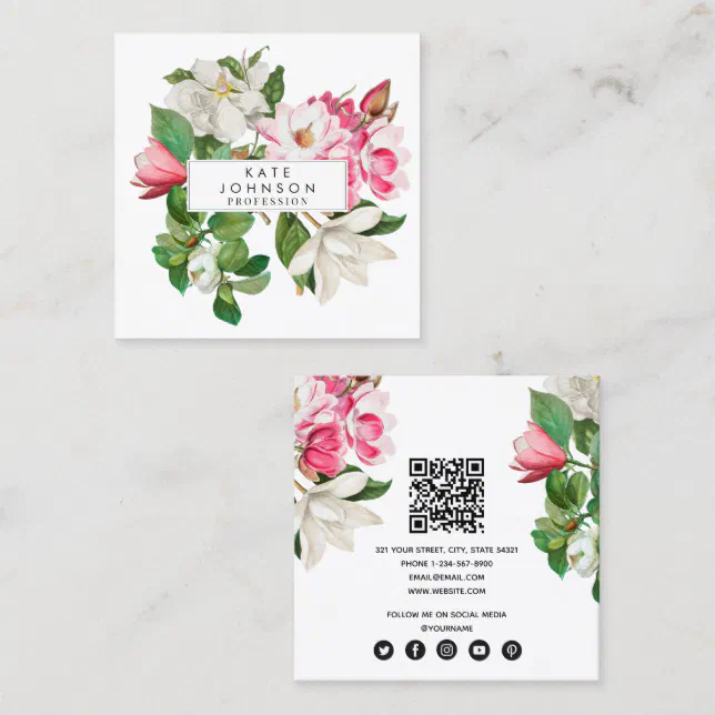 Vintage White & Pink Magnolia Flowers QR Code Square Business Card Zazzle