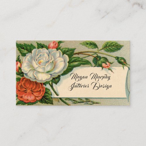 Vintage White  Pink Roses Elegant French Country Business Card
