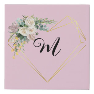 Vintage white pink roses Golden Heart Monogram Faux Canvas Print