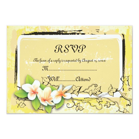 Vintage white plumeria ivy on yellow RSVP card