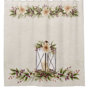 Vintage White Poinsettia Christmas Lantern Shower Curtain
