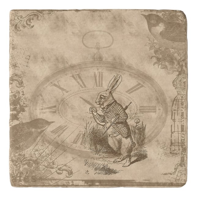 Vintage White Rabbit Collage Trivet (Front)