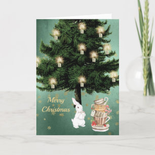 Vintage White Rabbit Cups Tree Christmas Holiday Card