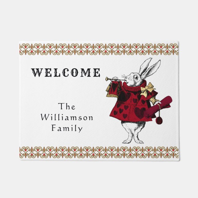 Vintage White Rabbit Hearts Welcome Doormat (Front)