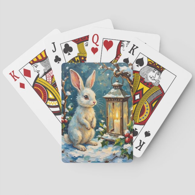Vintage White Rabbit with Christmas Lantern Poker Cards (Back)