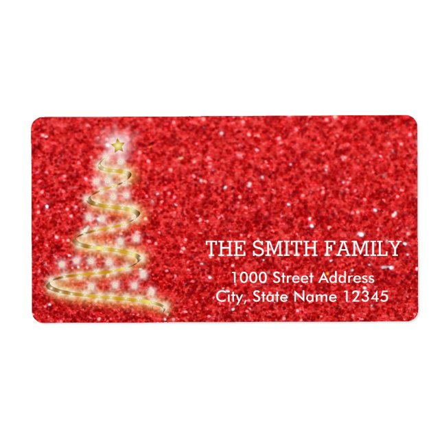 Vintage White Red Glitter Christmas Tree Holiday Label (Front)