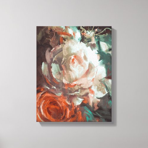 Vintage White Red Rose Bouquet Oil Painting Canvas Print