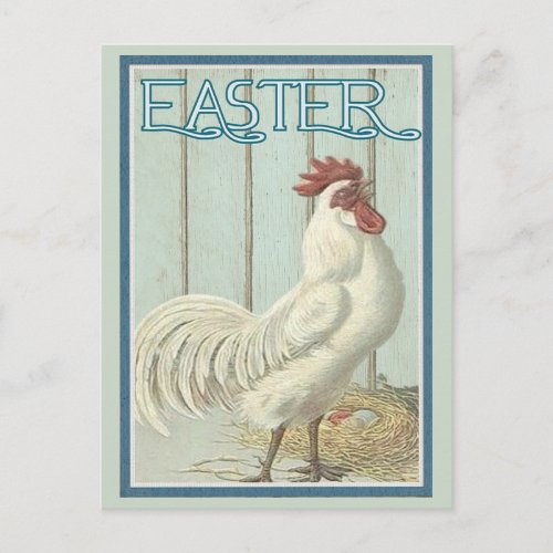 Vintage White Rooster Pale Aqua Barn Board Easter Postcard