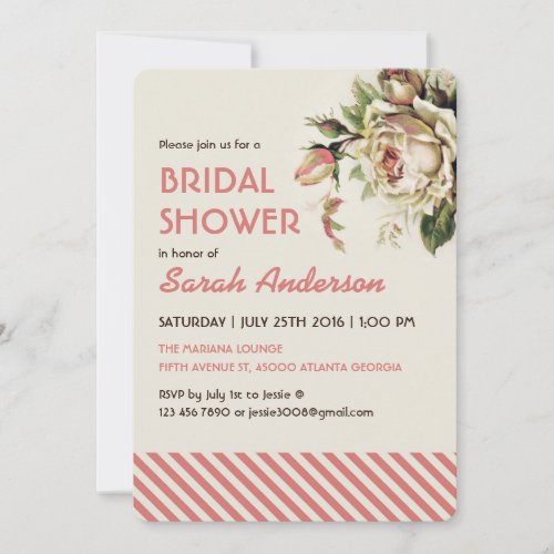 Vintage White Rose and Stripes Pattern Invitation