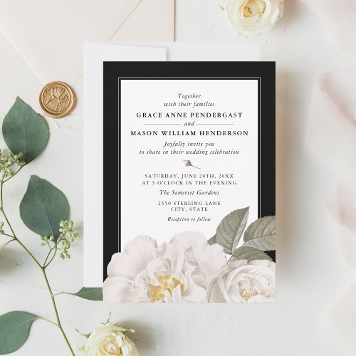 Vintage White Rose Botanical Floral Black Wedding Invitation
