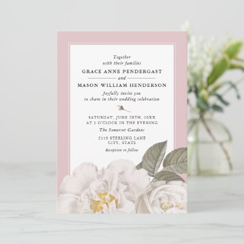 Vintage White Rose Botanical Floral Pink Wedding Invitation