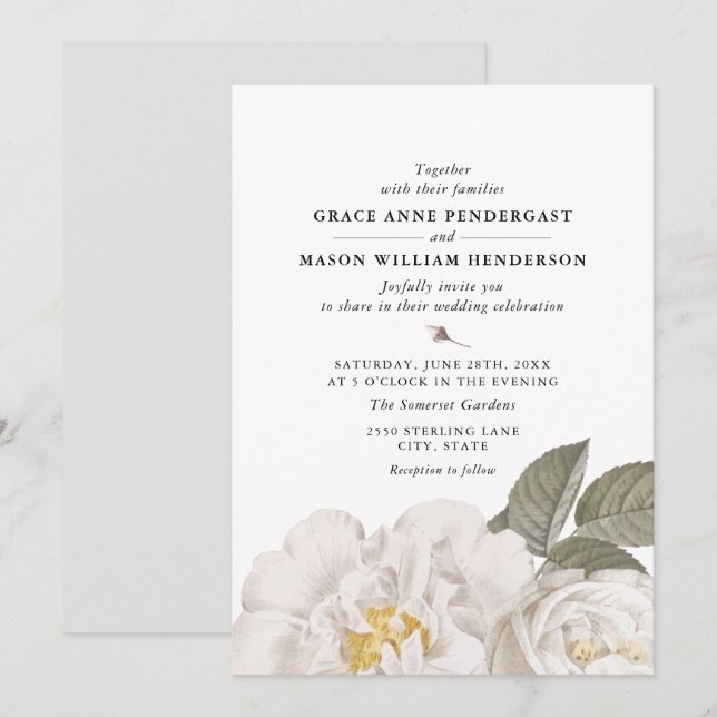 Vintage White Rose Botanical Floral Wedding Invitation (Front/Back)