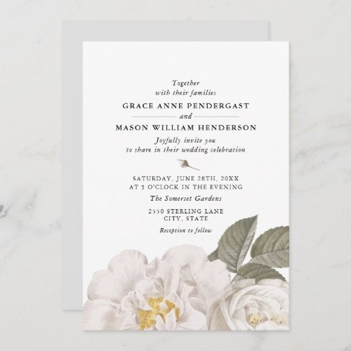 Vintage White Rose Botanical Floral Wedding Invitation