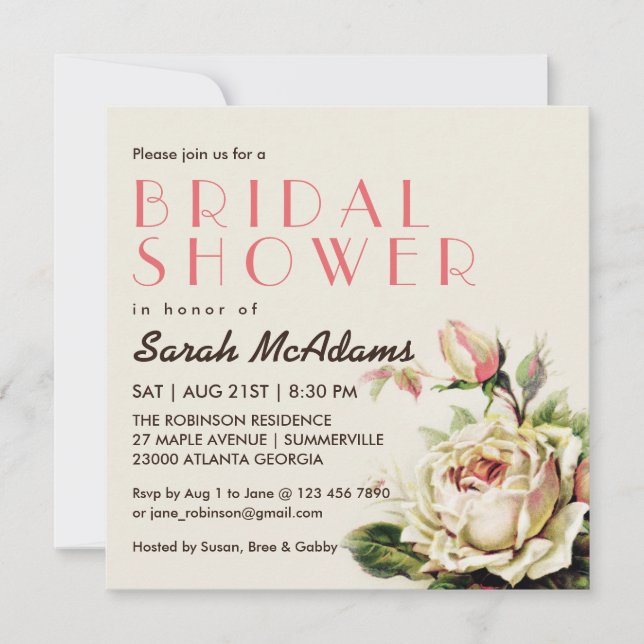 Vintage White Rose Bridal Shower Invitation (Front)