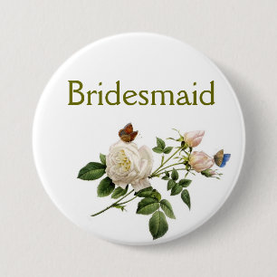 vintage white rose flowers bridesmaid pinback button