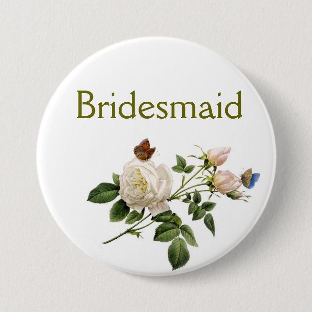 vintage white rose flowers bridesmaid pinback button (Front)