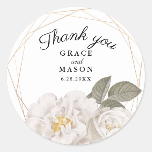 Vintage White Rose Gold Frame Wedding Thank You Classic Round Sticker