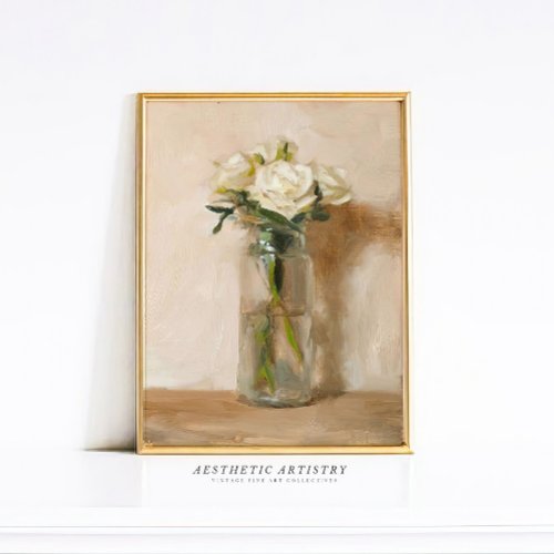 Vintage White Rose Still Life Wall Art