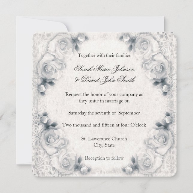Vintage White Rose Wedding Invitation (Front)