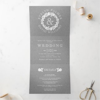 Vintage white rose wreath gray cardboard wedding Tri-Fold invitation