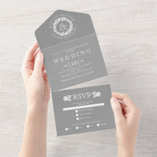 Vintage white rose wreath gray kraft paper wedding all in one invitation