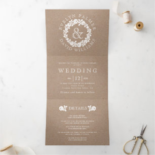 Vintage white rose wreath kraft cardboard wedding Tri-Fold invitation