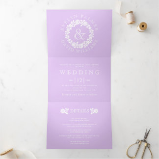 Vintage white rose wreath lavender purple wedding  Tri-Fold invitation