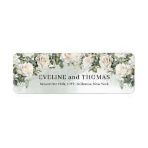 Vintage white roses and greenery foliage wedding label