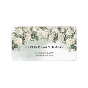 Vintage white roses and greenery foliage wedding label