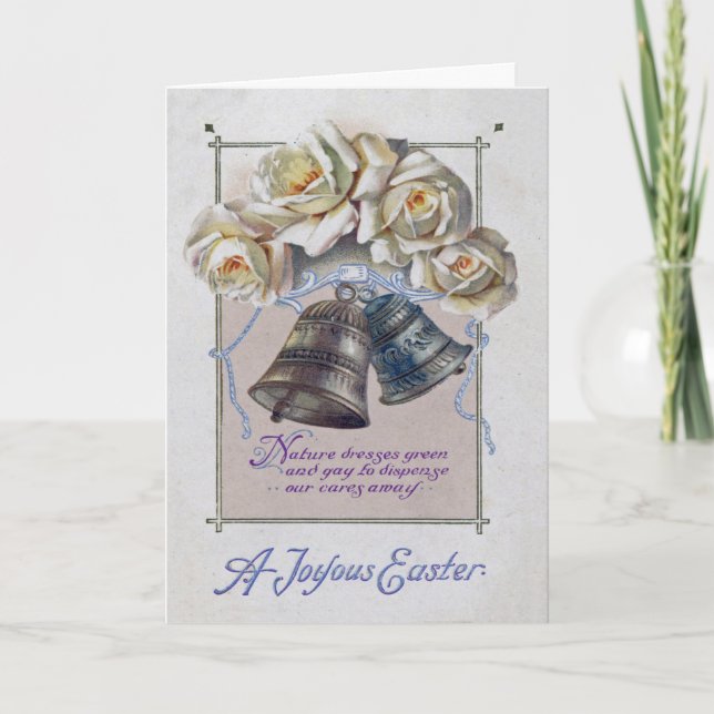 Vintage White Roses Bells Antique Easter Holiday Card (Front)