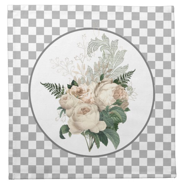 Vintage White Roses Checkerboard  Cloth Napkin (Front)