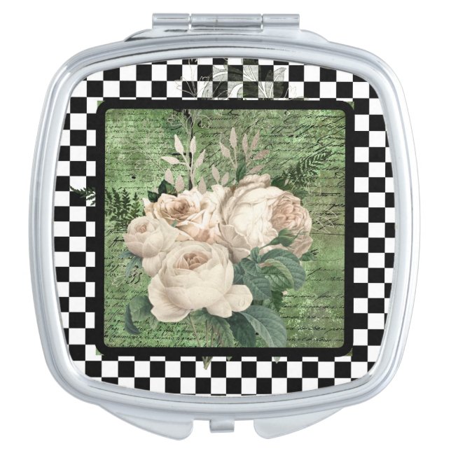 Vintage White Roses & Checkerboard  Compact Mirror (Front)