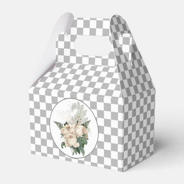 Vintage White Roses Checkerboard  Favor Boxes (Front Side)