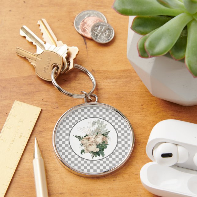 Vintage White Roses Checkerboard  Keychain (Desk)