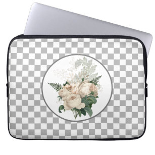 Vintage White Roses Checkerboard  Laptop Sleeve
