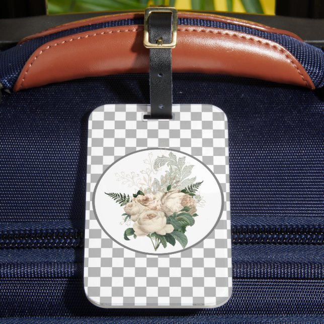 Vintage White Roses Checkerboard  Luggage Tag (Front Insitu 2)