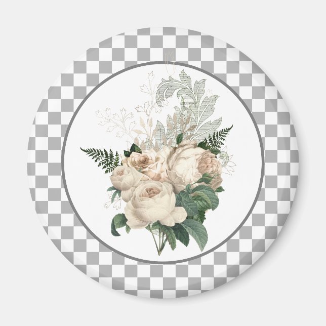 Vintage White Roses Checkerboard  Magnet (Front)