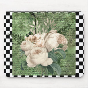 Vintage White Roses & Checkerboard  Mouse Pad