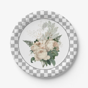 Vintage White Roses Checkerboard Paper Plates