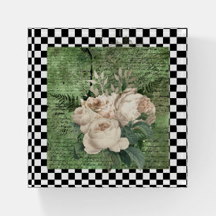 Vintage White Roses & Checkerboard  Paperweight